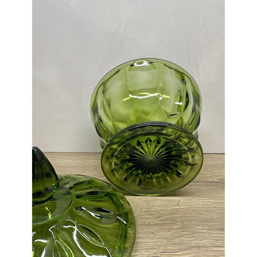 Vintage Anchor Hocking Fairfield Avocado Green Thumbprint Covered Candy Dish MCM